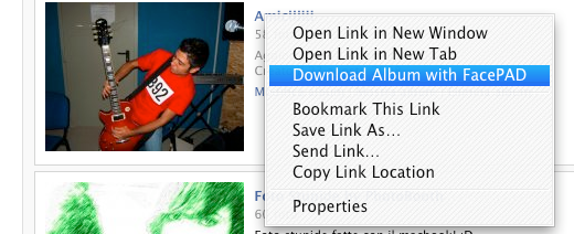 Aprite Facebook e cliccate con il tasto destro del mouse sul nome dell'album come in figura e cliccate su "Download album with facePAD":