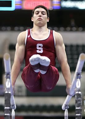 U.S. male gymnast David Sender on the parallel bars