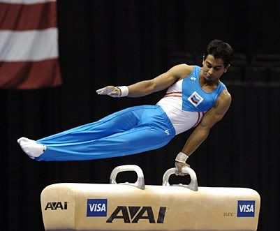 U.S. male gymnast Raj Bhavsar on the pommel horse