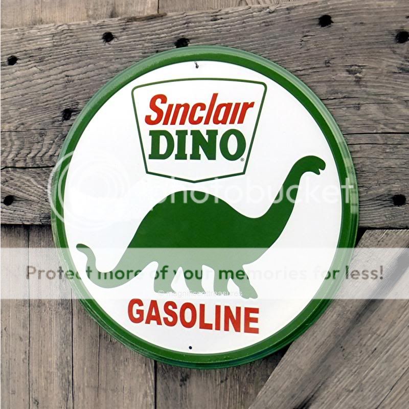 sinclair dino gasoline 12" round aluminum embossed tin metal bar